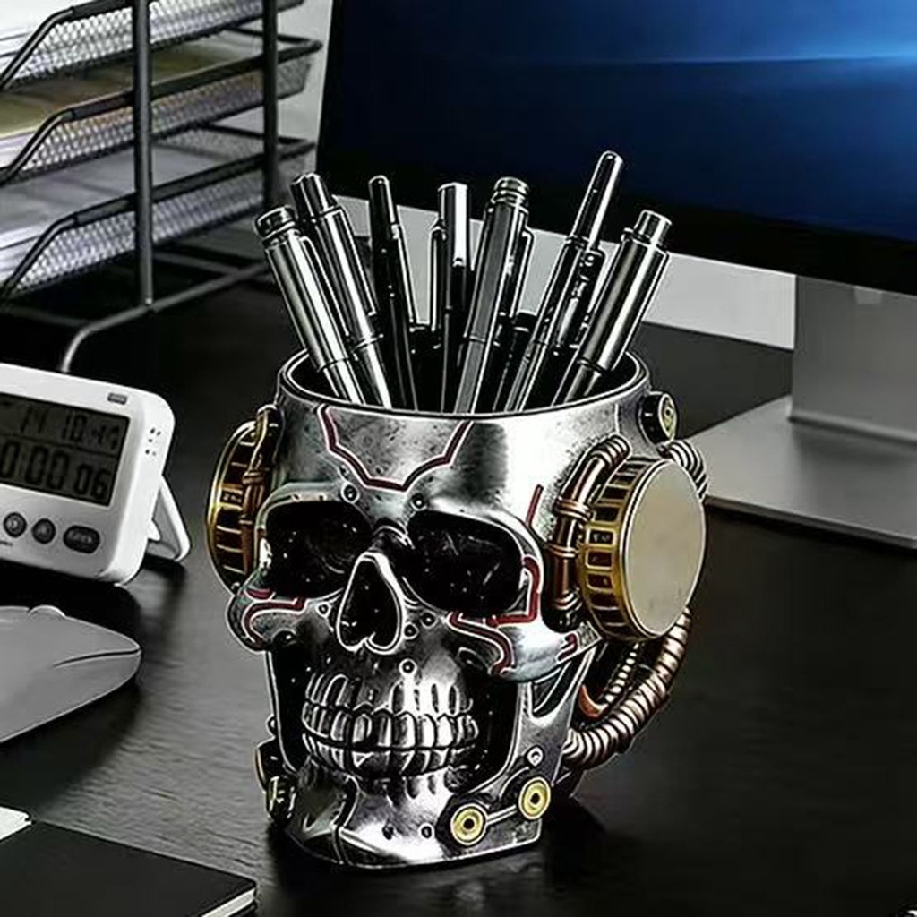Office Furniture - Cyberpunk Mechanical Skull Pen Holder, Multifunctional
