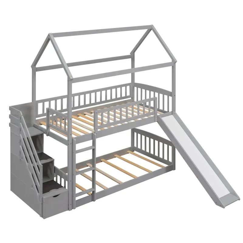 Solid wood children's double b - đánh giá và giá Bunk Bed With Stairs And Slide