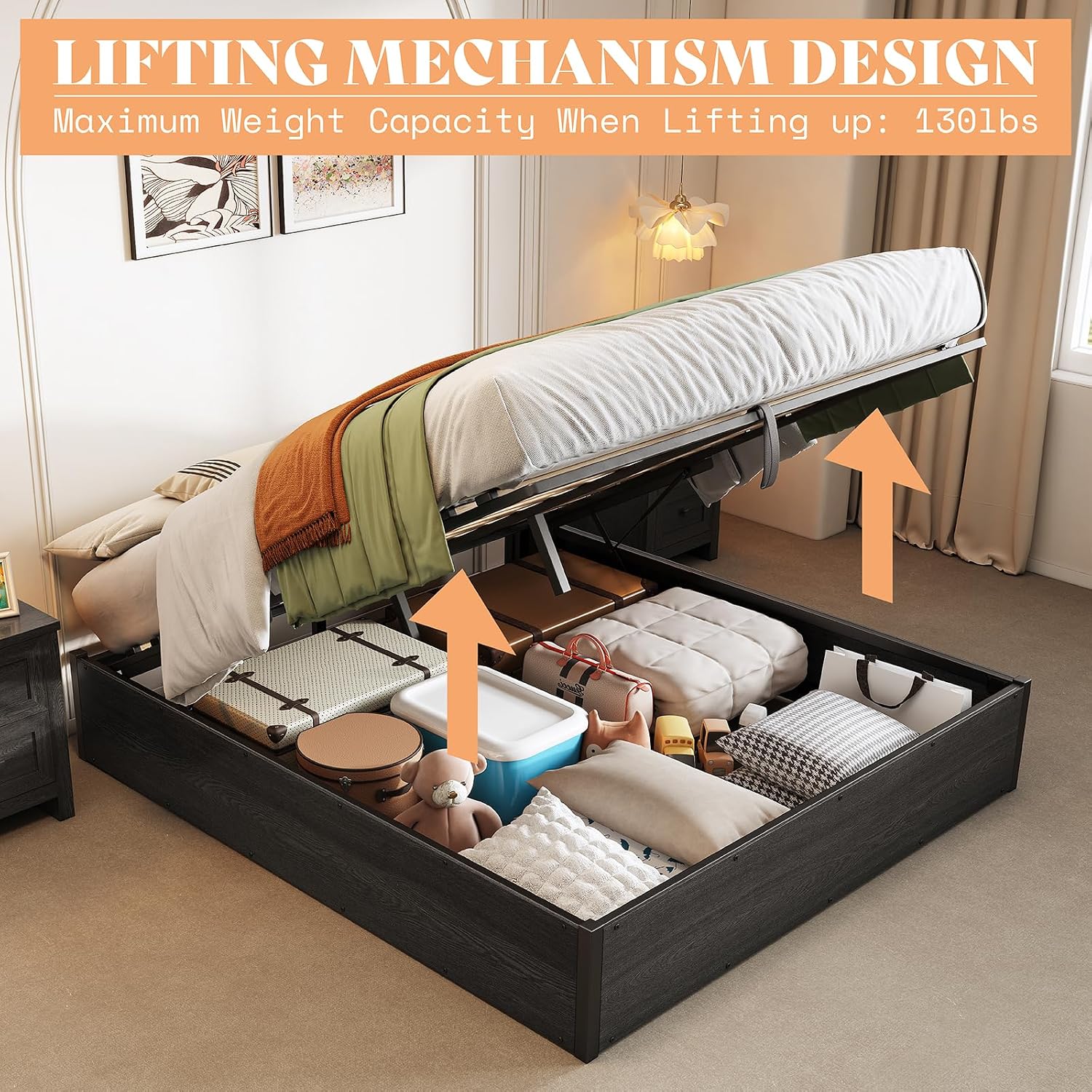 Lift Up Storage Bed Frame, Dar - đánh giá và giá Gas Lift Storage Bed Hydraulic